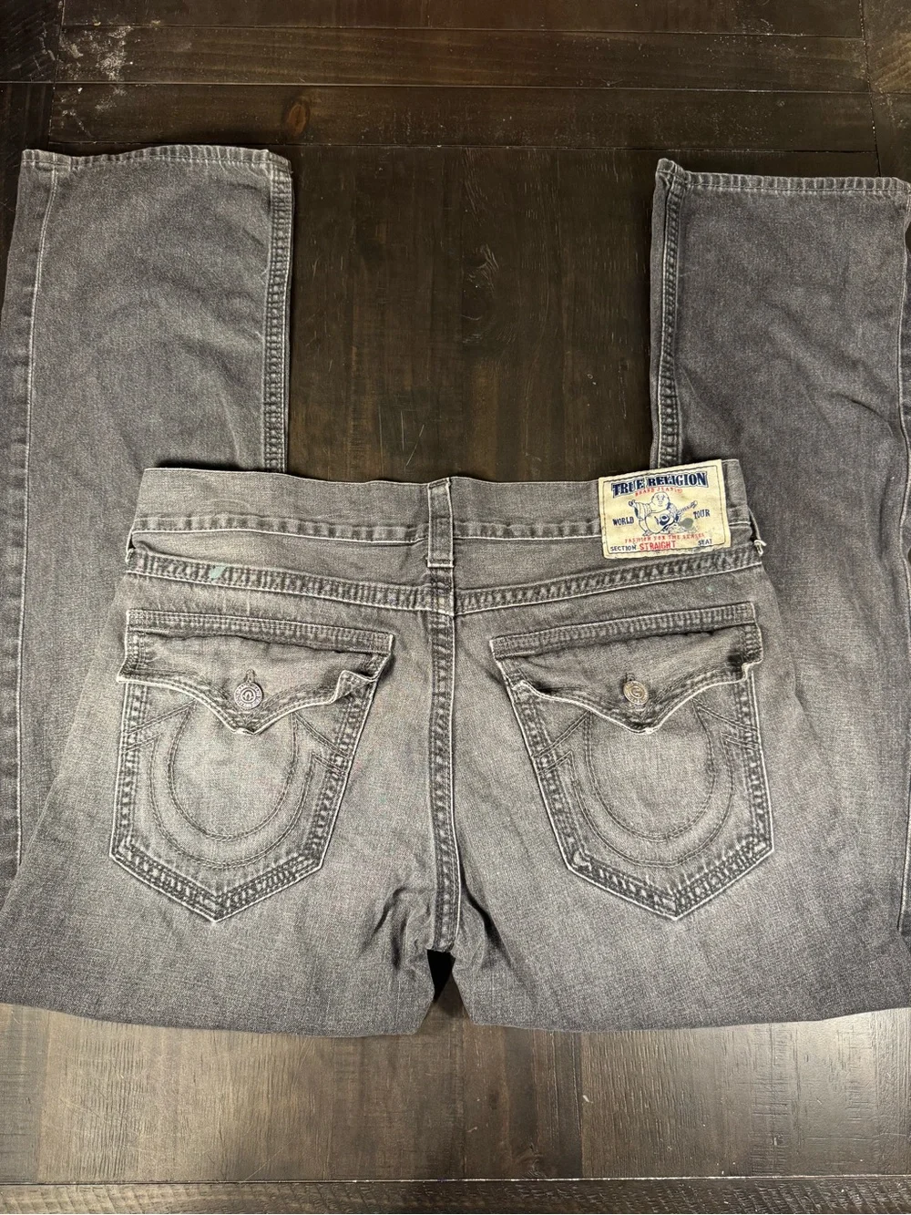 True Religion Ricky Straight Flap Jeans Size 36 Gray Black Wash 100% Cotton